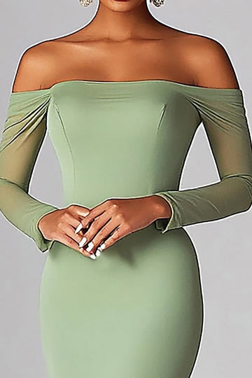 Sexy Sage Hors Épaule Sirène Froncé Robe Longue De Bal Avec Longues Gaines
